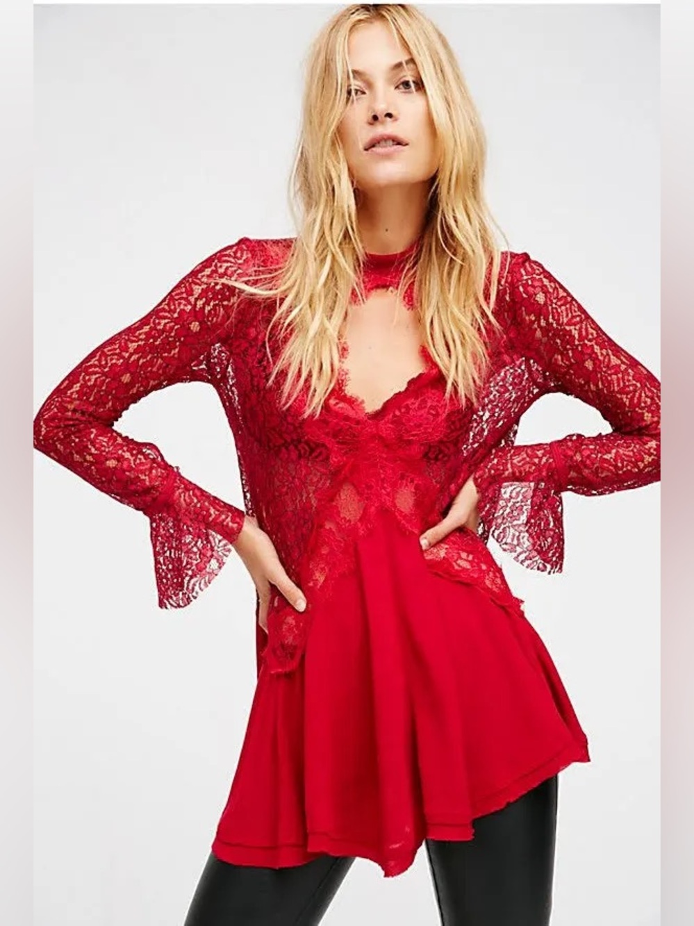 Free People Tell Tale Cut Out Lace Tunic Red XS NWOT